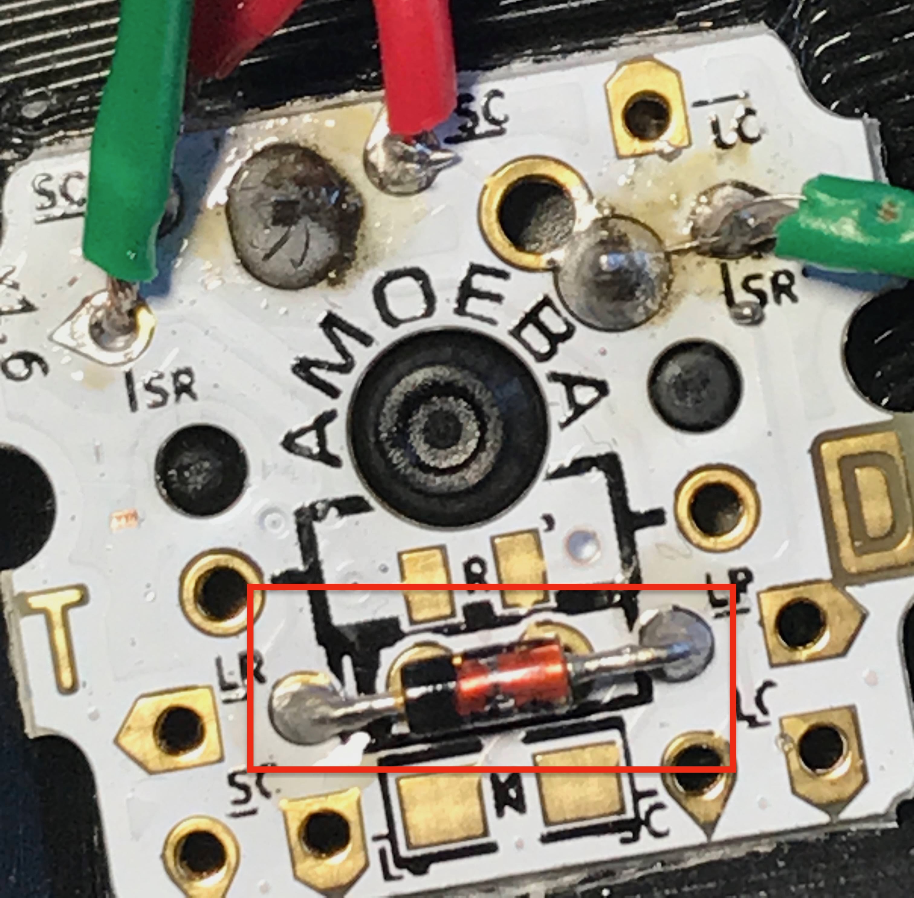 Diode soldered into an Amoeba PCB