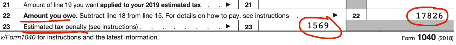 IRS Form 1040 showing $17,826 owed and a $1,569 estimated tax penalty